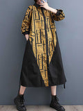 Momentlover Warp Knitting Printed Contrast Color Asymmetric Loose Long Sleeves Lapel Shirt Dress Midi Dresses