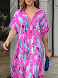 Momentlover Printed Multi-Colored Short Sleeves Loose V-neck Maxi Dresses