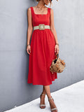 Momentlover Split-Joint Solid Color Pleated Sleeveless High Waisted U-Neck Midi Dresses