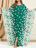 Momentlover Split-Front Muslim Flower Print Loose Batwing Sleeves Round-Neck Maxi Dresses