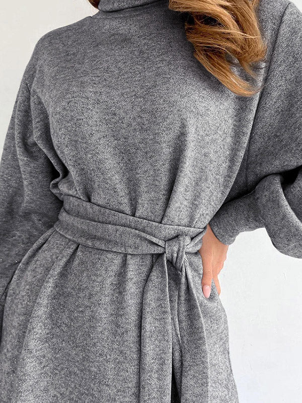 Momentlover Tied Waist Split-Joint Solid Color Pleated Puff Sleeves Loose High Neck Mini Dresses