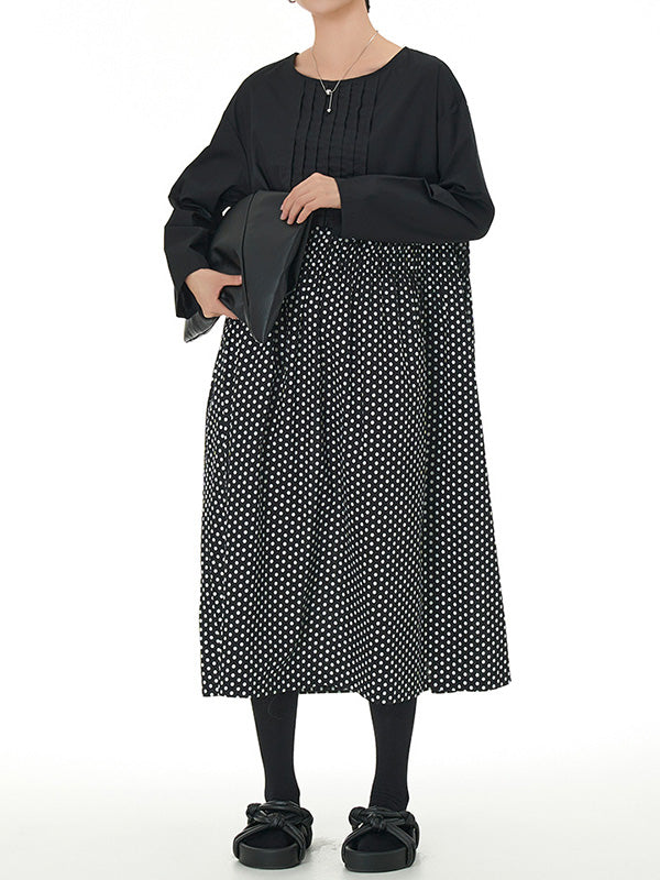 Momentlover Split-Joint Polka-Dot Pleated Elasticity Contrast Color Loose Long Sleeves Round-Neck Midi Dresses