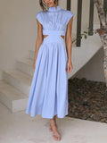 Momentlover Solid Color Pleated Belly-Hollow Cap Sleeve Stand Collar Maxi Dresses