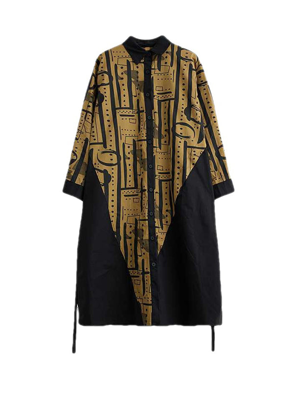 Momentlover Warp Knitting Printed Contrast Color Asymmetric Loose Long Sleeves Lapel Shirt Dress Midi Dresses