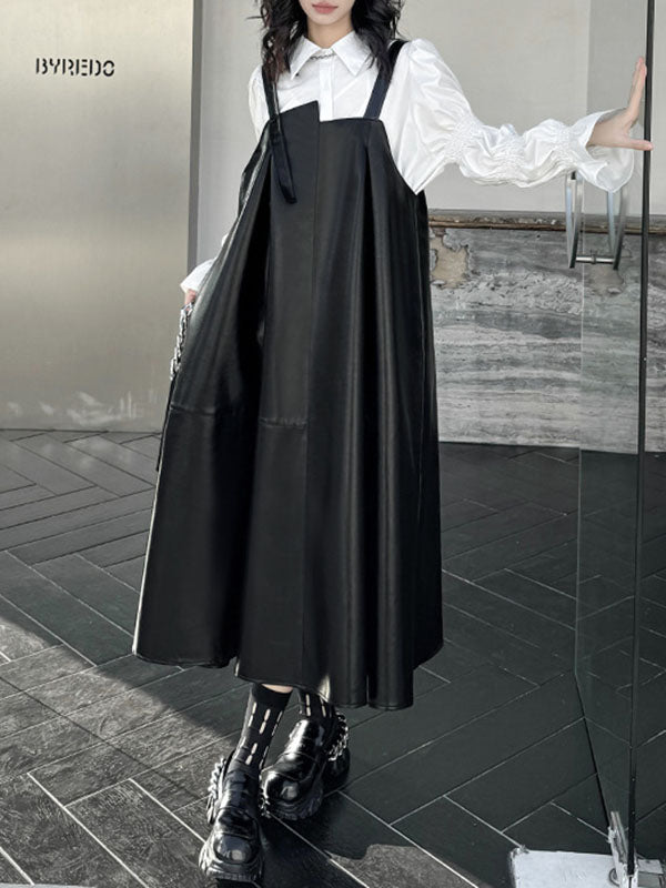 Momentlover Split-Joint Solid Color Pleated Asymmetric Sleeveless Loose Square-Neck Slip Dress Midi Dresses