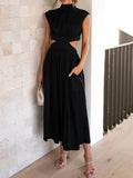 Momentlover Solid Color Pleated Belly-Hollow Cap Sleeve Stand Collar Maxi Dresses