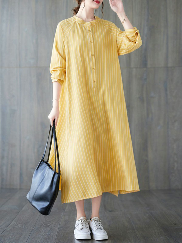 Momentlover Striped Split-Side Buttoned Loose Long Sleeves Round-Neck Shirt Dress Midi Dresses