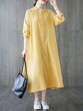 Momentlover Striped Split-Side Buttoned Loose Long Sleeves Round-Neck Shirt Dress Midi Dresses