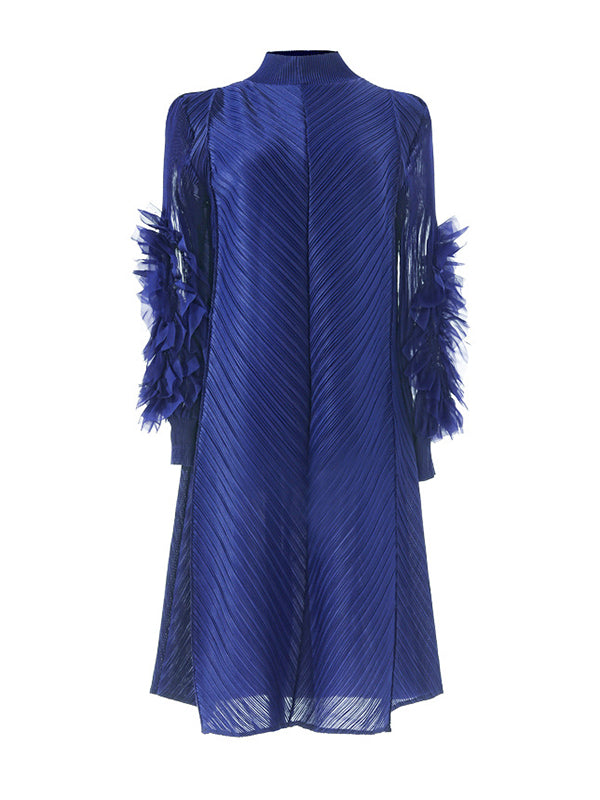 Momentlover Solid Color Pleated Embroidered Loose Long Sleeves Round-neck Midi Dresses