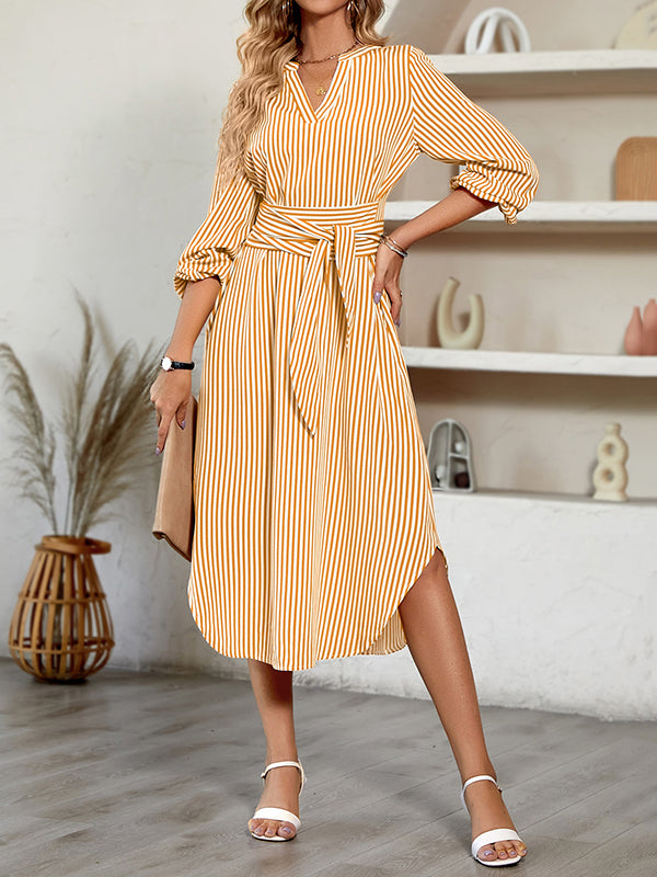 Momentlover Tied Waist Striped Puff Sleeves Loose V-Neck Shirt Dress Midi Dresses