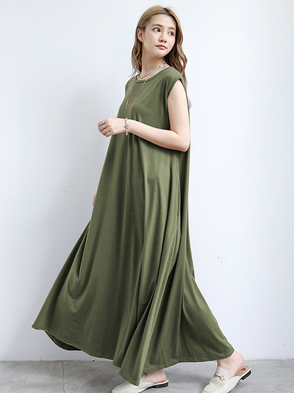 Momentlover Simple Loose Sleeveless Solid Color Round-Neck Maxi Dresses