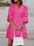 Momentlover Printed Pleated Elasticity Buttoned Plus Size Loose V-Neck Mini Dresses