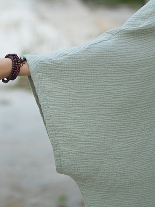 Momentlover Split-Side Solid Color Loose Long Sleeves Round-Neck Midi Dresses