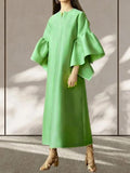 Momentlover Solid Color Falbala Wrap Flared Sleeves Round-Neck Midi Dresses