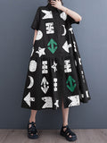 Momentlover Split-Joint Printed Pockets Pleated Buttoned Short Sleeves Loose Lapel Shirt Dress Midi Dresses