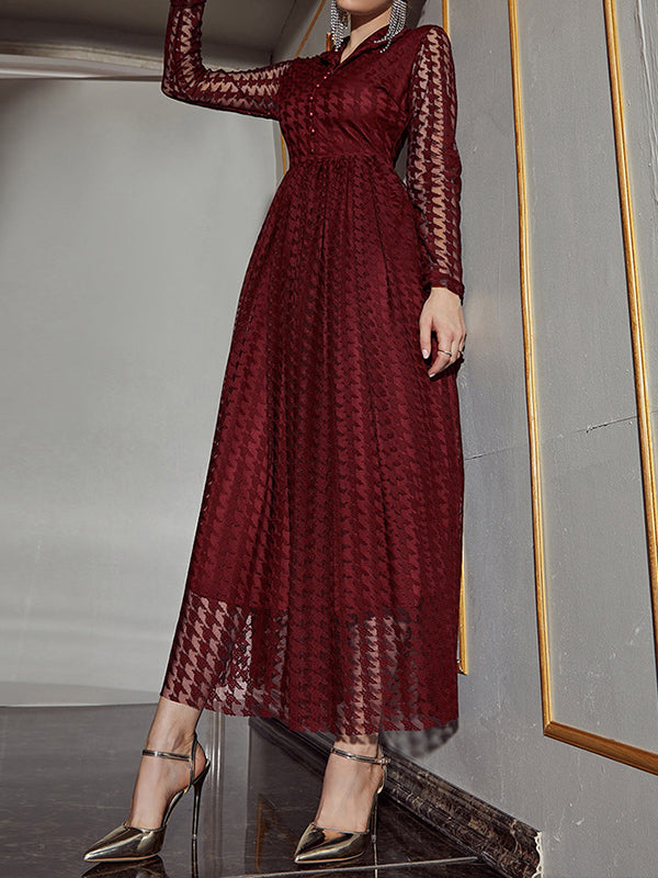 Momentlover Solid Color See-Through Gauze Buttoned Long Sleeves High Waisted V-Neck Maxi Dresses