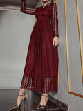 Momentlover Solid Color See-Through Gauze Buttoned Long Sleeves High Waisted V-Neck Maxi Dresses