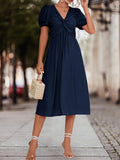 Momentlover Split-Joint Solid Color Pleated Knot Elasticity Short Sleeves Puff Sleeves V-neck Midi Dresses