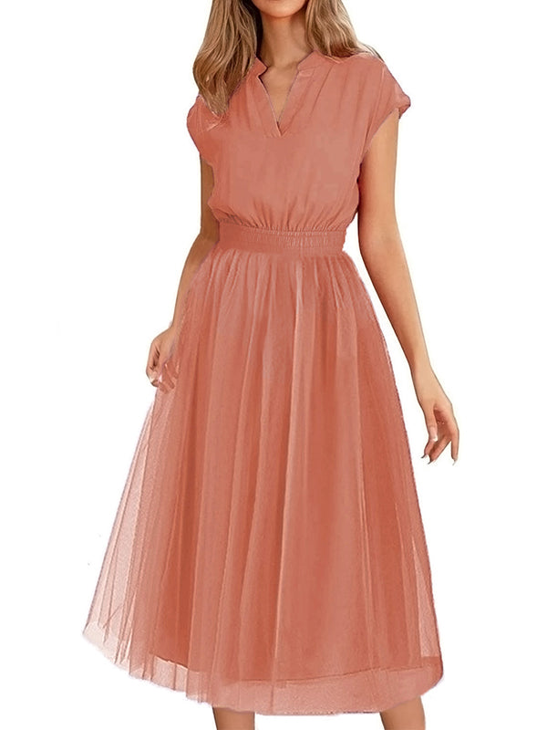 Momentlover Solid Color Short Sleeves Loose V-Neck Midi Dresses