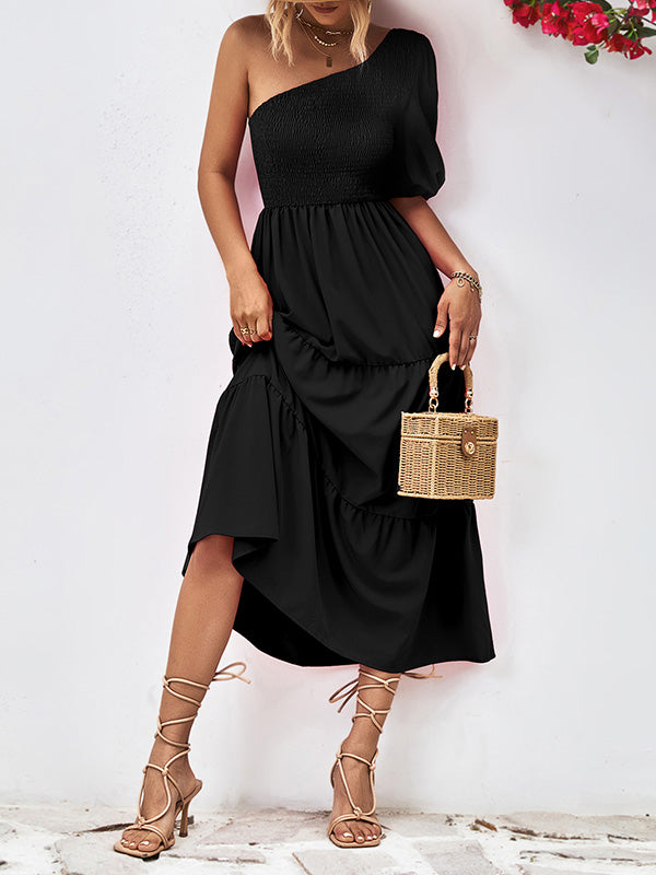 Momentlover Solid Color Puff Sleeves Loose One-Shoulder Midi Dresses