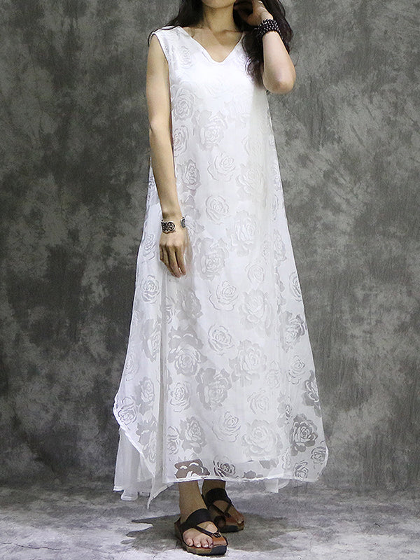 Momentlover Solid Color Flower Print Sleeveless Loose V-Neck Midi Dresses