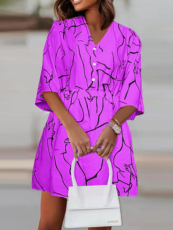 Momentlover Printed Pleated Elasticity Buttoned Plus Size Loose V-Neck Mini Dresses