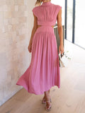 Momentlover Solid Color Pleated Belly-Hollow Cap Sleeve Stand Collar Maxi Dresses