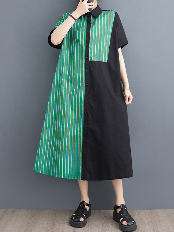 Momentlover Striped Split-Joint Asymmetric Short Sleeves Loose Lapel Shirt Dress Midi Dresses