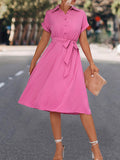 Momentlover Tied Waist Solid Color Buttoned Short Sleeves High Waisted Lapel Collar Shirt Dress Midi Dresses