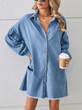 Momentlover Split-Joint Pockets Pleated Fringed Buttoned Loose Long Sleeves Lapel Mini Dresses