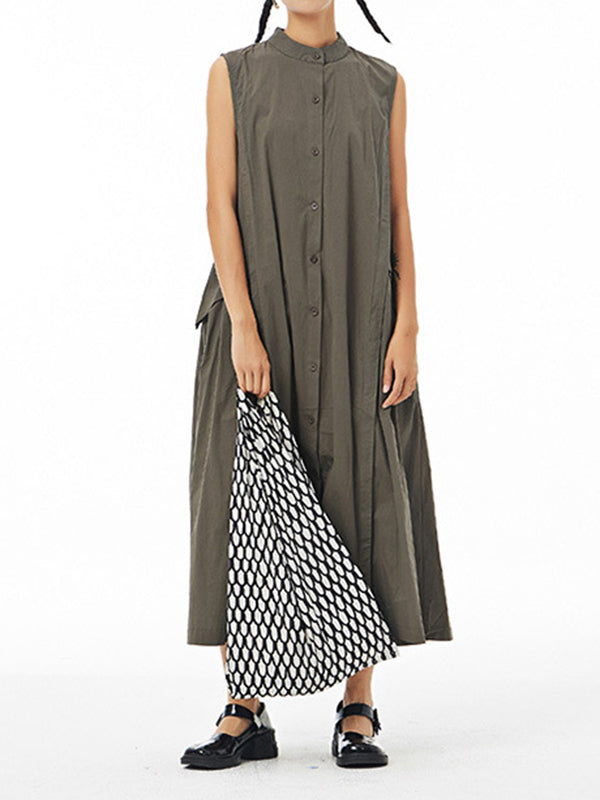 Momentlover Solid Color Pleated Sleeveless Loose Stand Collar Shirt Dress Midi Dresses