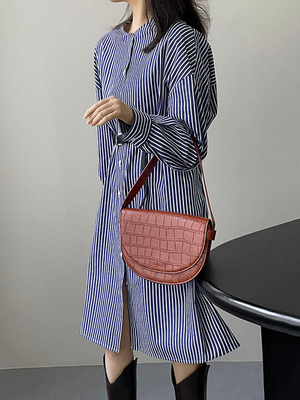 Momentlover Striped Raglan Sleeve Loose Round-Neck Shirt Dress Midi Dresses