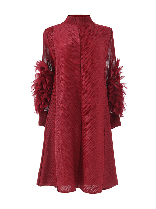 Momentlover Solid Color Pleated Embroidered Loose Long Sleeves Round-neck Midi Dresses