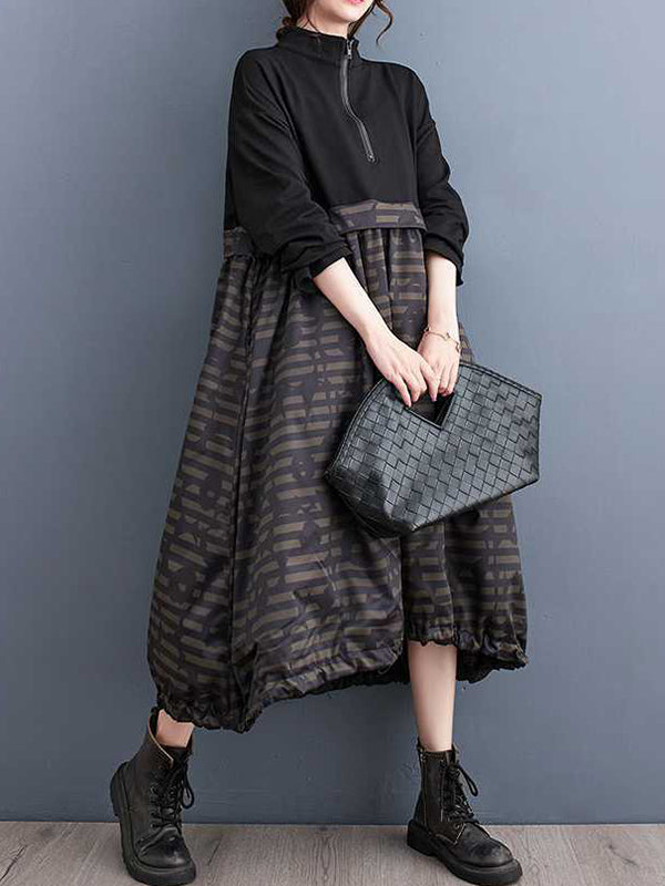 Momentlover Zipper Split-Joint Printed Drawstring Loose Long Sleeves Midi Dresses