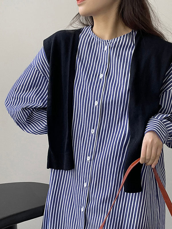 Momentlover Striped Raglan Sleeve Loose Round-Neck Shirt Dress Midi Dresses