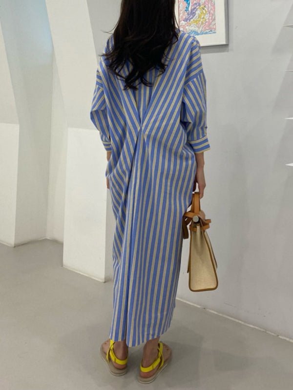 Momentlover Striped Pockets Contrast Color Buttoned Loose Long Sleeves Lapel Shirt Dress Midi Dresses