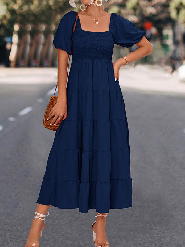 Momentlover Split-Joint Solid Color Pleated Elasticity Short Sleeves High Waisted Square-neck Midi Dresses