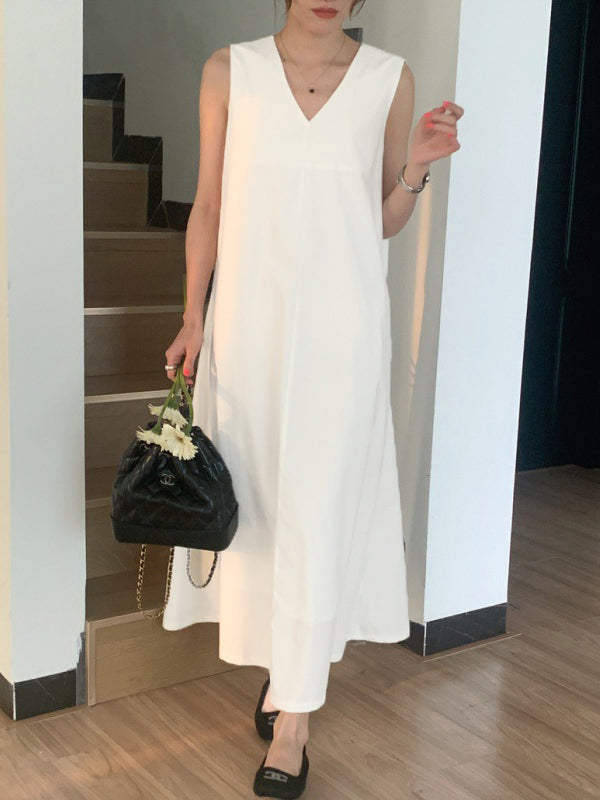 Momentlover Solid Color Sleeveless Loose Round-neck Midi Dresses