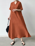 Momentlover Solid Color Short Sleeves Loose V-Neck Maxi Dresses