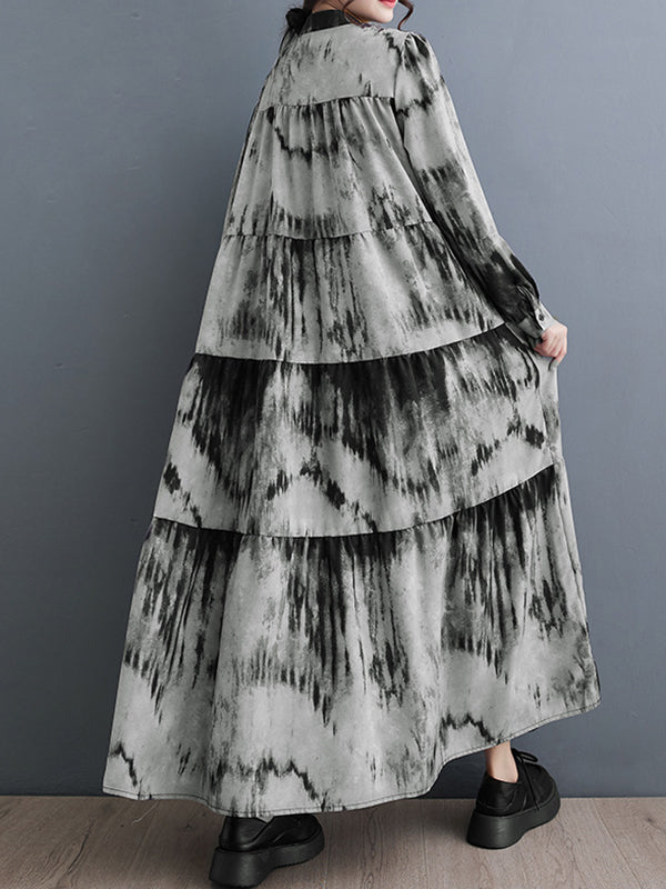 Momentlover Tie-dyed Split-Joint Pleated Loose Long Sleeves Stand Collar Midi Dresses