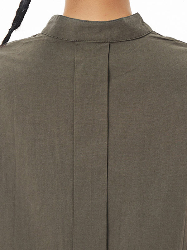 Momentlover Solid Color Pleated Sleeveless Loose Stand Collar Shirt Dress Midi Dresses