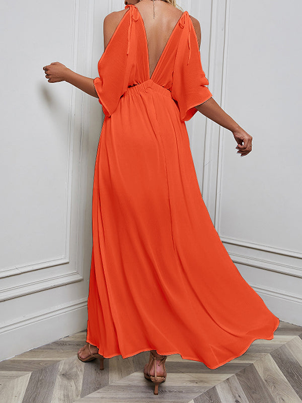Momentlover Split-front Solid Color Loose Batwing Sleeves Deep V-Neck Maxi Dresses