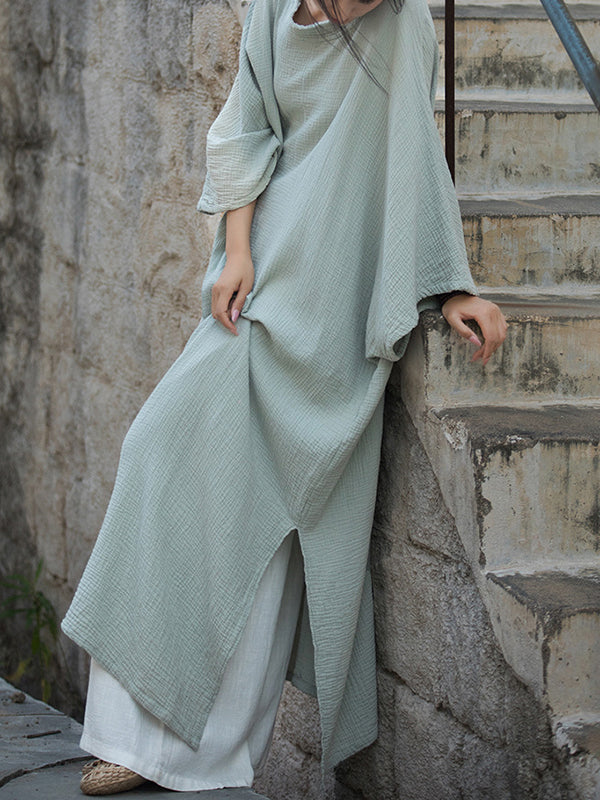 Momentlover Split-Side Solid Color Loose Long Sleeves Round-Neck Midi Dresses