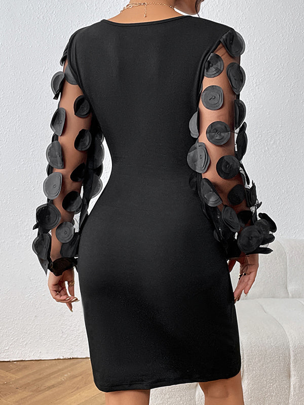 Momentlover Solid Color Polka-Dot Mesh Elasticity Buttoned Long Sleeves High Waisted Deep V-Neck Mini Dresses