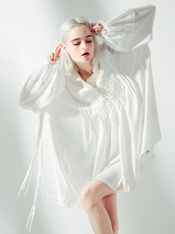 Momentlover Vacation Long Sleeves Puff Sleeves Embroidered Solid Color Stand Collar Mini Dresses