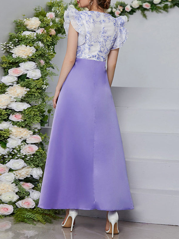 Momentlover Split-Joint Printed Petal Sleeves High Waisted Deep V-Neck Maxi Dresses