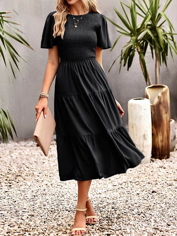 Momentlover Solid Color Elastics Short Sleeves Loose Round-neck Midi Dresses