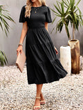 Momentlover Solid Color Elastics Short Sleeves Loose Round-neck Midi Dresses