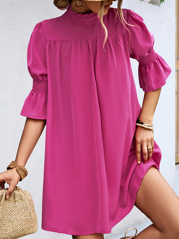 Momentlover Solid Color Falbala Loose Half Sleeves Stand Collar Mini Dresses