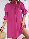 Momentlover Solid Color Falbala Loose Half Sleeves Stand Collar Mini Dresses